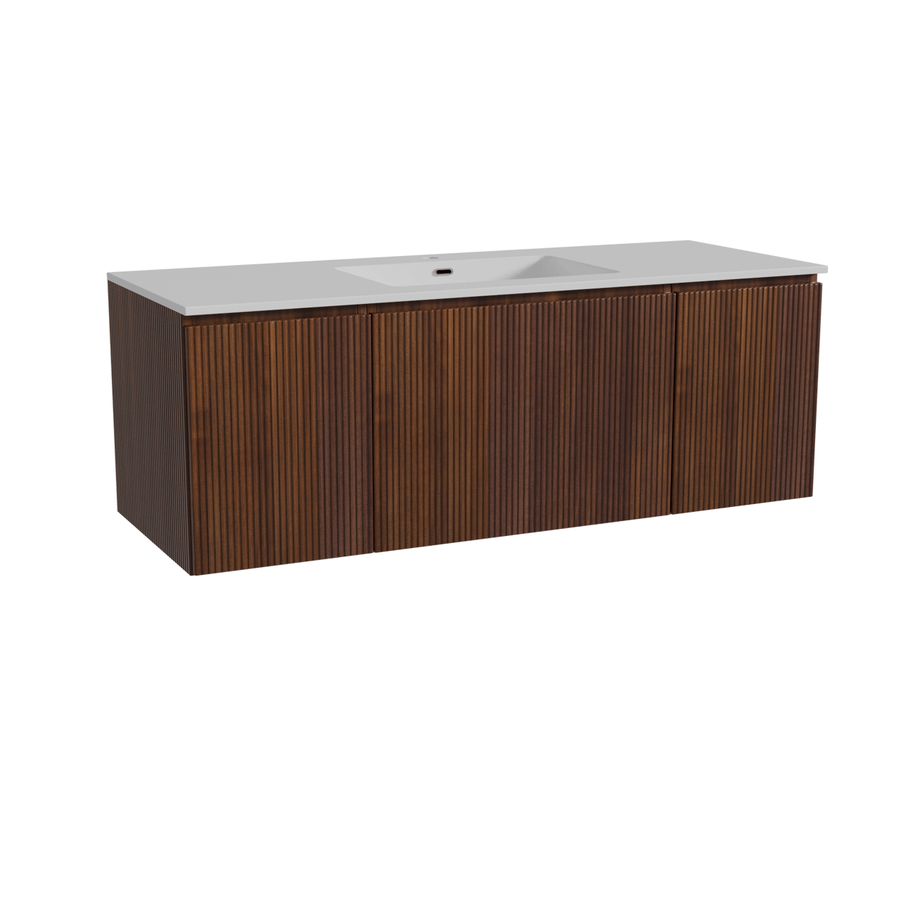 Storke Ribs meuble salle de bains suspendu 135 x 52 cm noyer avec Diva plan simple en marbre composite blanc brillant, Nervure droite symétrique verticale