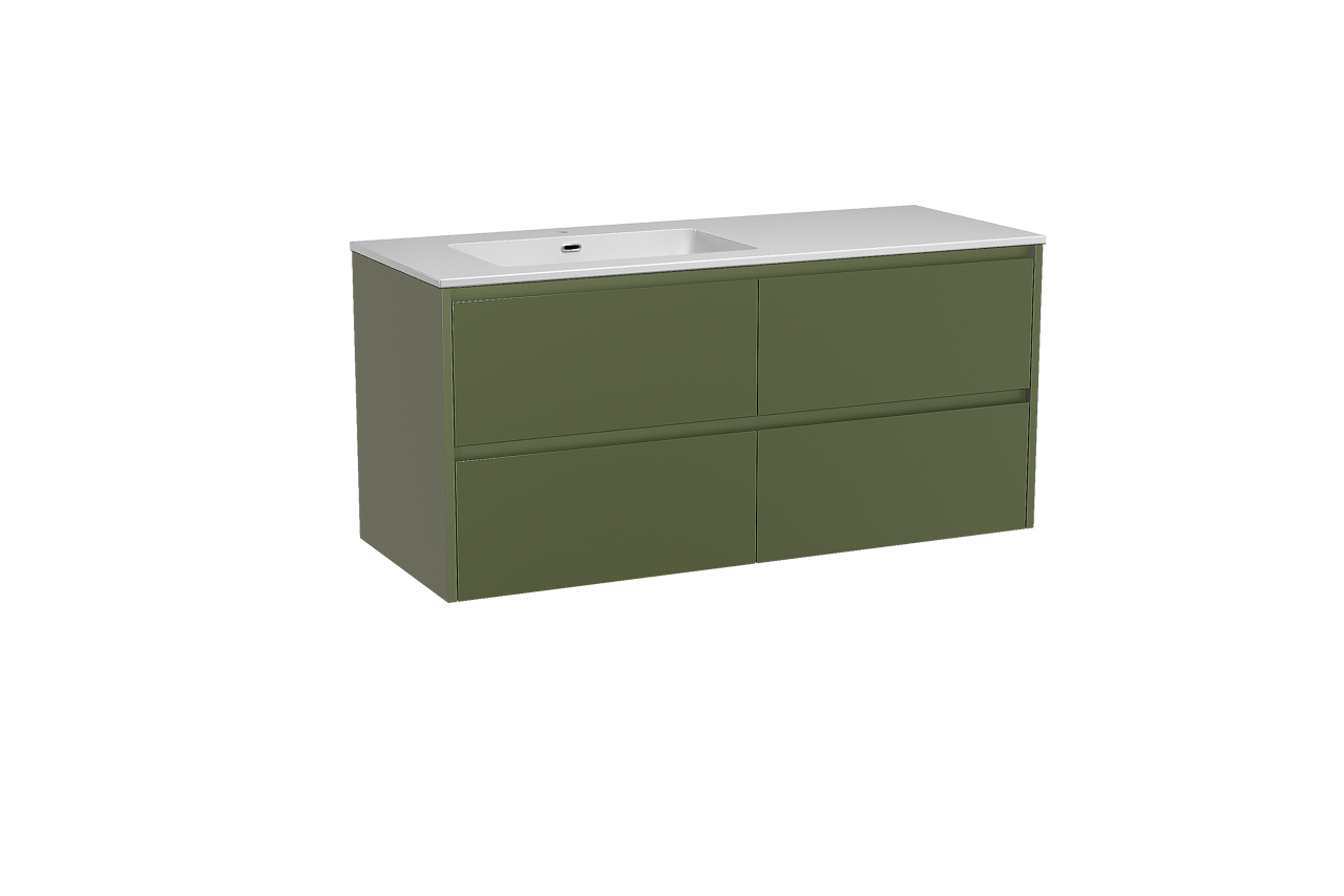 Storke Seda meuble salle de bains suspendu 130 x 52 cm vert olive avec Diva plan vasque asymétrique à gauche en marbre composite blanc brillant