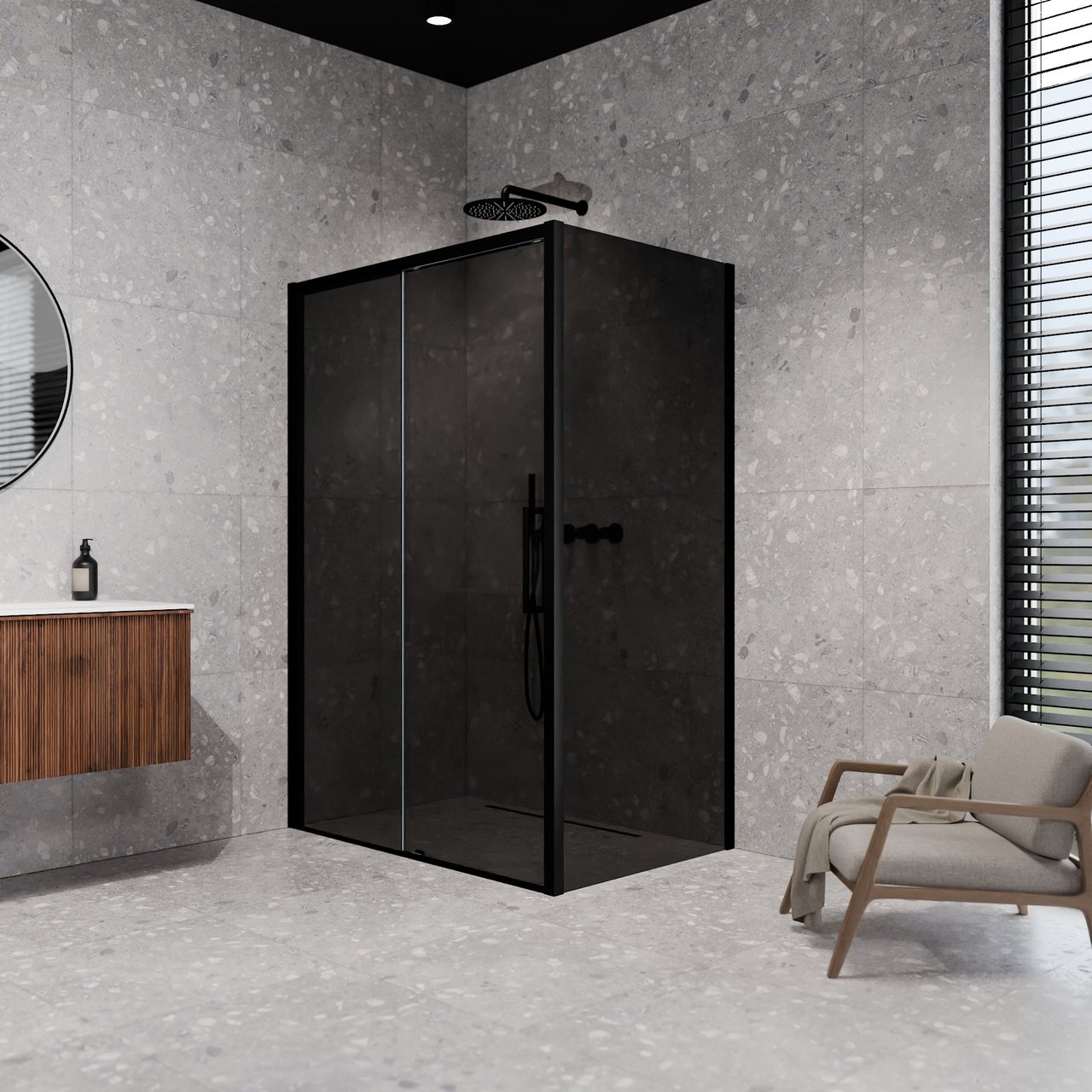 Balmani Senses Design Eckdusche: Schiebetür (Links) mit fixierte Seitenwand, 140 x 80 cm, Rauchglas, Profil Schwarz matt