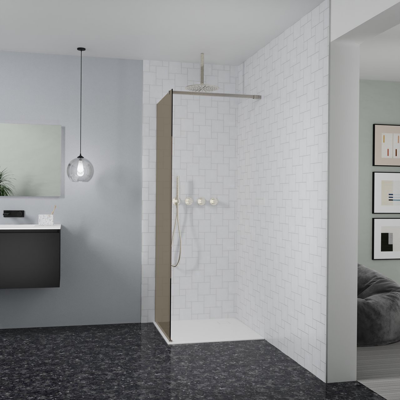 Balmani Modular Walk-In Dusche: 80 x 200 cm, Bronze Glas, inklusive Coating, Profil Brushed CoolMetal