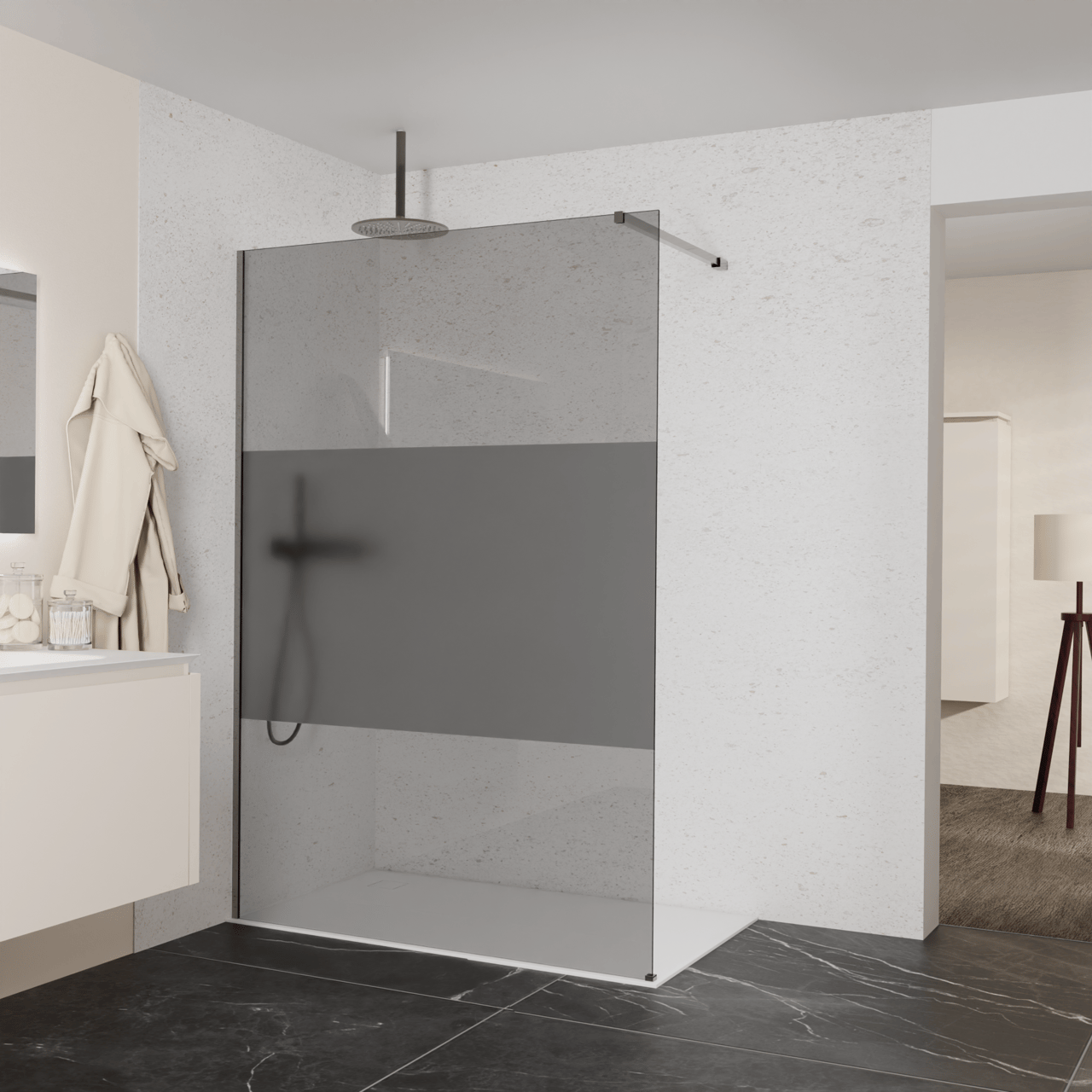 Balmani Modular Walk-In Dusche: 140 x 200 cm, Rauchglas mit mattiertem Streifen, Profil Brushed GunMetal