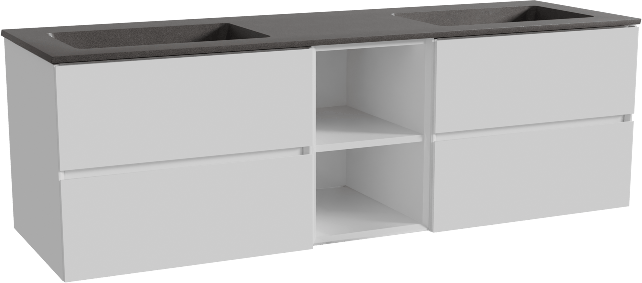 Storke Edge zwevend badmeubel 165 x 52 cm hoogglans wit met Scuro dubbele wastafel in kwarts mat zwart