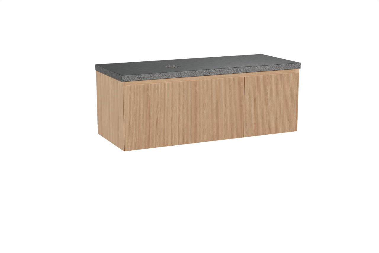 Balmani Fila meuble salle de bains suspendu 135 x 55 cm chêne naturel avec Rock vasque asymétrique gauche en granit noir, Nervure gauche symétrique verticale