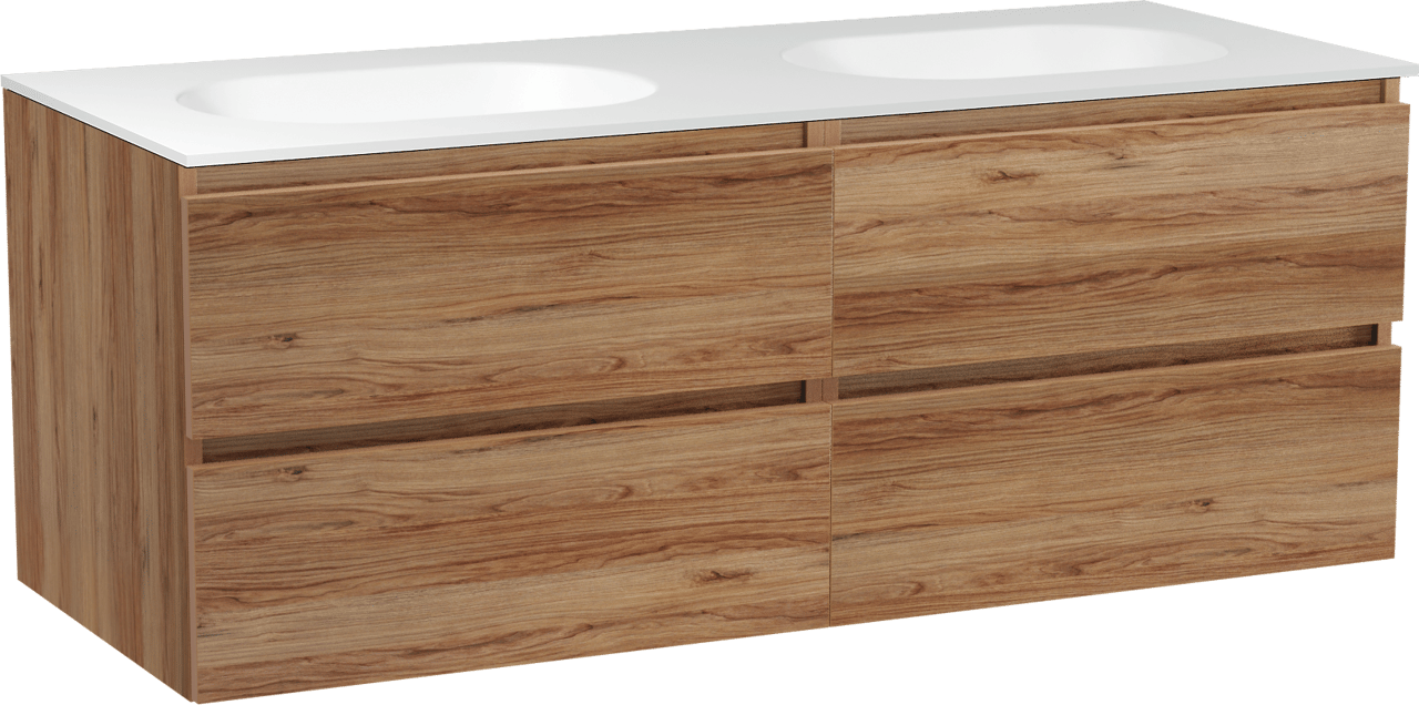 Balmani Lucida hängendes Möbelstück Set: 135 x 55 cm, Teak, mit Tablo Oval Doppelwaschtisch, Solid Surface Weiß matt