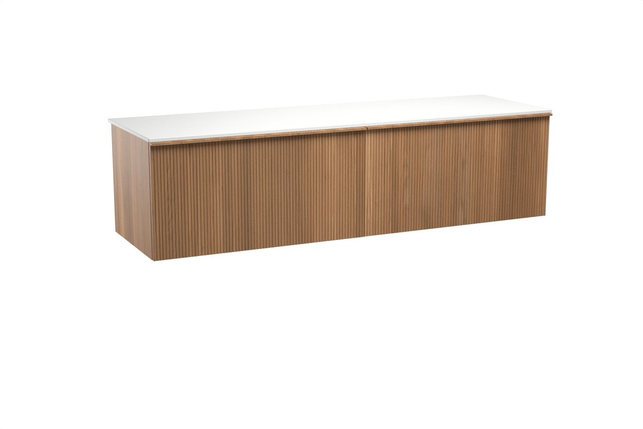 Balmani Forma meuble salle de bains suspendu 180 x 55 cm teck avec Stretto tablette simple ou double en solid surface blanc mat, Nervure droite symétrique verticale