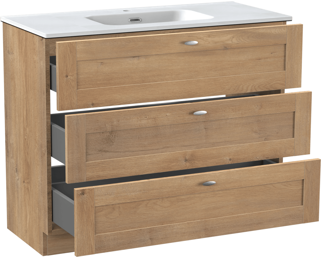 Linie Classo freistehendes Möbelstück Set: 100 x 46 cm, Naturbelassene Eiche, mit Baro Einzelwaschtisch, Porzellan Weiß matt