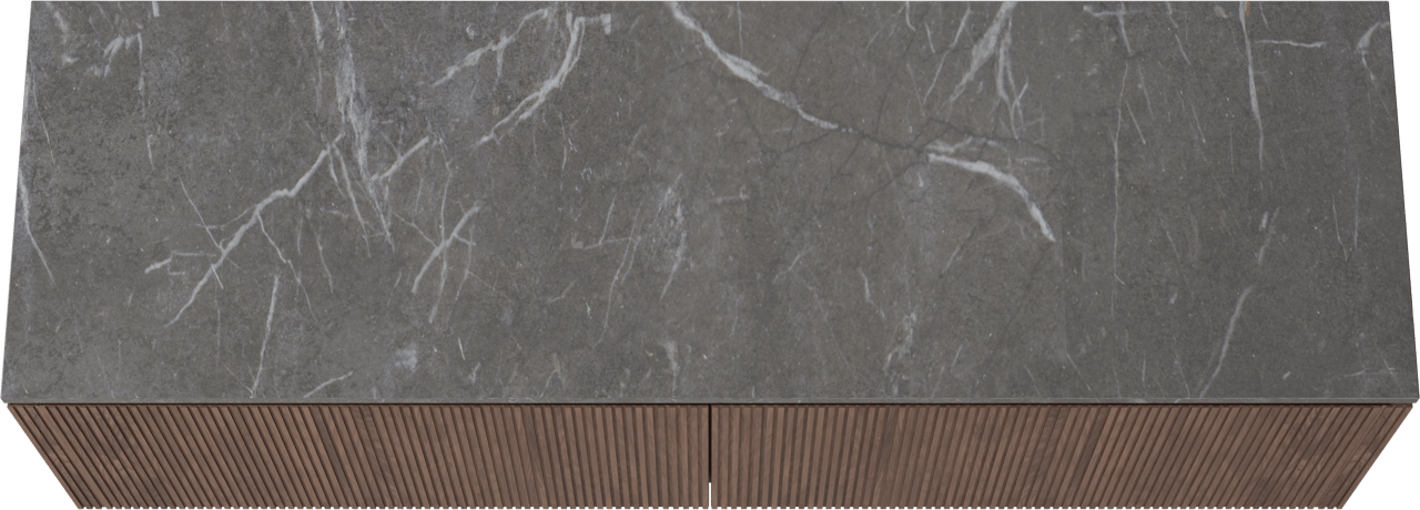 Balmani Eclips hängendes Möbelstück Set: 180 x 55 cm, Amerikanischer Nussbaum, mit Stretto Einzel- oder Doppel Waschtischplatte Pietra Grey Marmor, Vertikale symmetrische gerade Rippe