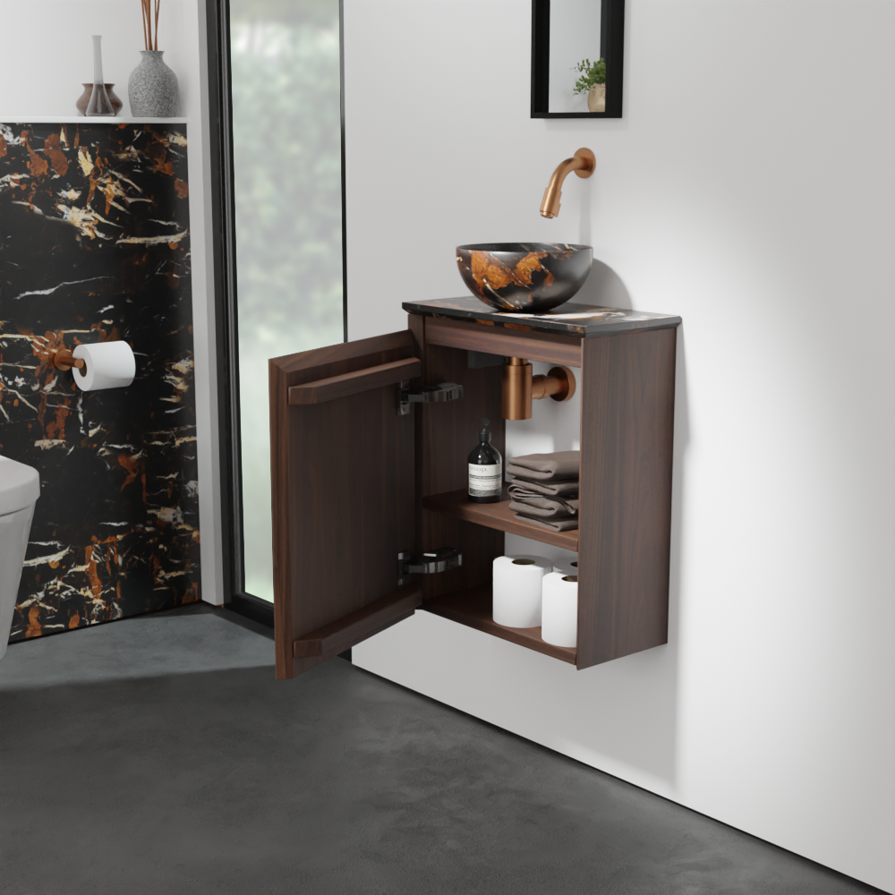 Balmani Mitra zwevend toiletmeubel 42 x 21 cm amerikaanse notelaar met Facetta tablet en Bari XS waskom in Portoro Gold marmer