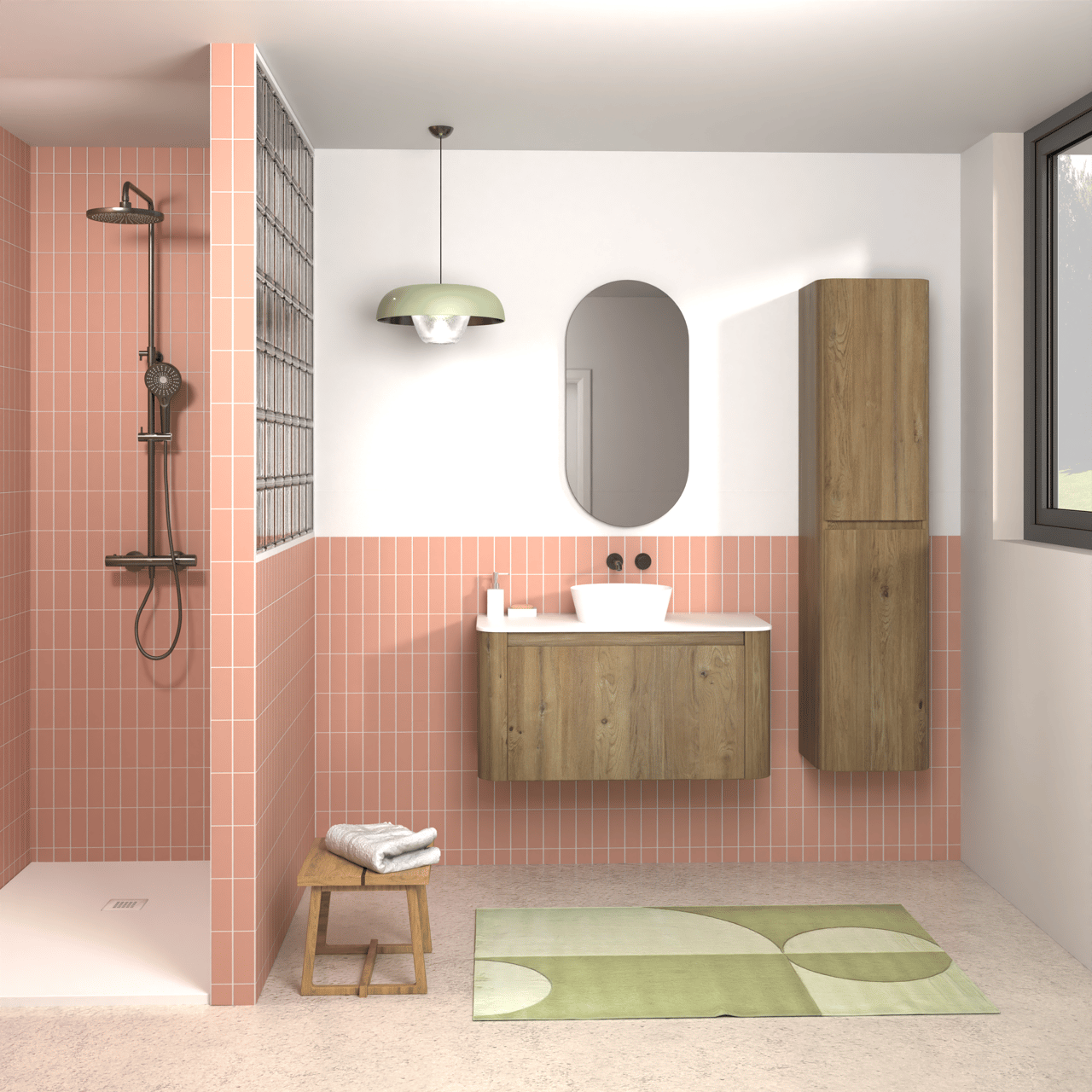 Storke Soft meuble salle de bains suspendu 100 x 46 cm chêne brut avec Tavola Soft tablette simple en Solid Surface blanc mat