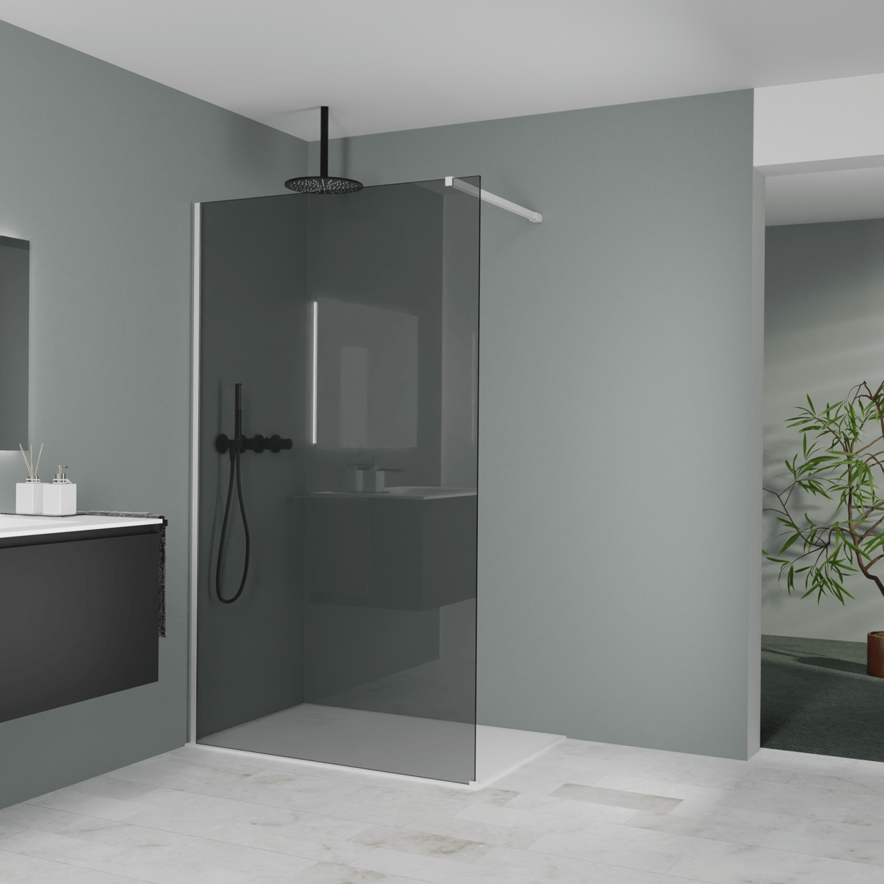 Balmani Modular Walk-In Dusche: 120 x 200 cm, Rauchglas, inklusive Coating, Profil Weiß matt