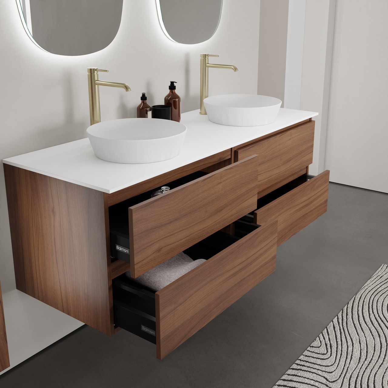 Balmani Lucida hängendes Möbelstück Set: 150 x 55 cm, Amerikanischer Nussbaum, mit Stretto Einzel- oder Doppel Waschtischplatte, Solid Surface Weiß matt