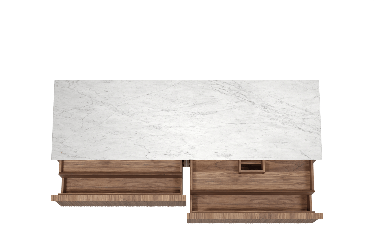 Balmani Forma hängendes Möbelstück Set: 180 x 55 cm, Amerikanischer Nussbaum, mit Stretto Einzel- oder Doppel Waschtischplatte, Marmor, Carrara, Vertikale asymmetrische Runde Rippe