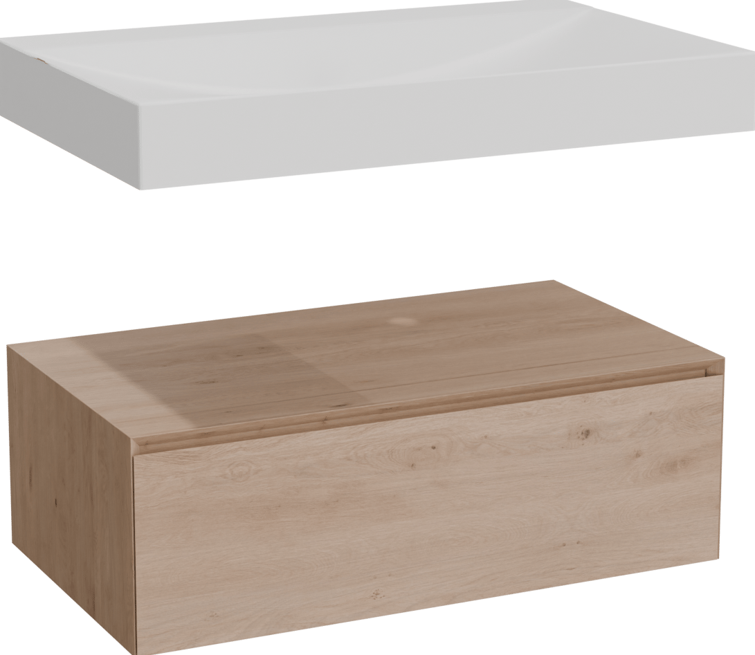 Balmani Mitra Elements hängendes Möbelstück Set: 90 x 55 cm, Naturbelassene Eiche mit Wave Einzelwaschtisch, Solid Surface Weiß matt