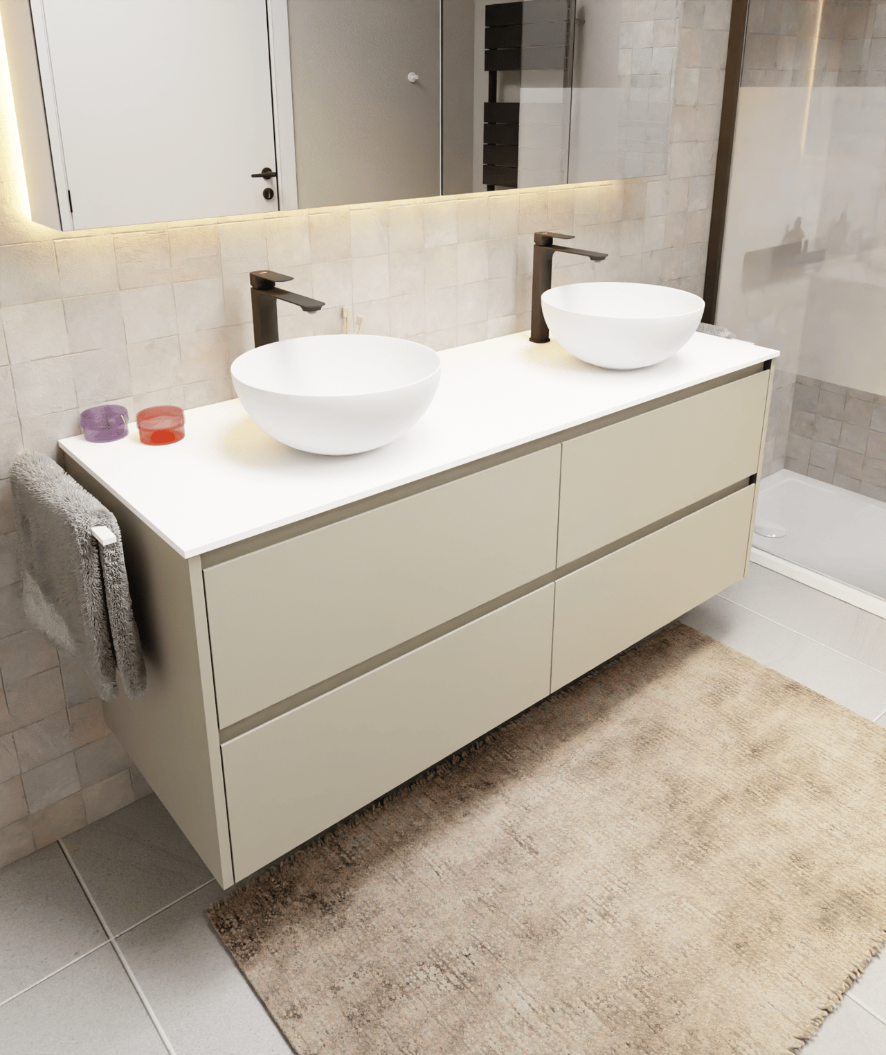 Storke Seda hängender Waschbeckenunterschrank: 150 x 52 cm, Seidengrau, 4 Schubladen