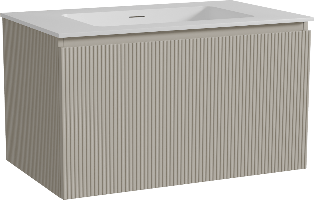 Storke Ribs zwevend badmeubel 85 x 52 cm zijdegrijs met Mata enkele wastafel in solid surface mat wit, Verticale symmetrische rechte ribbel