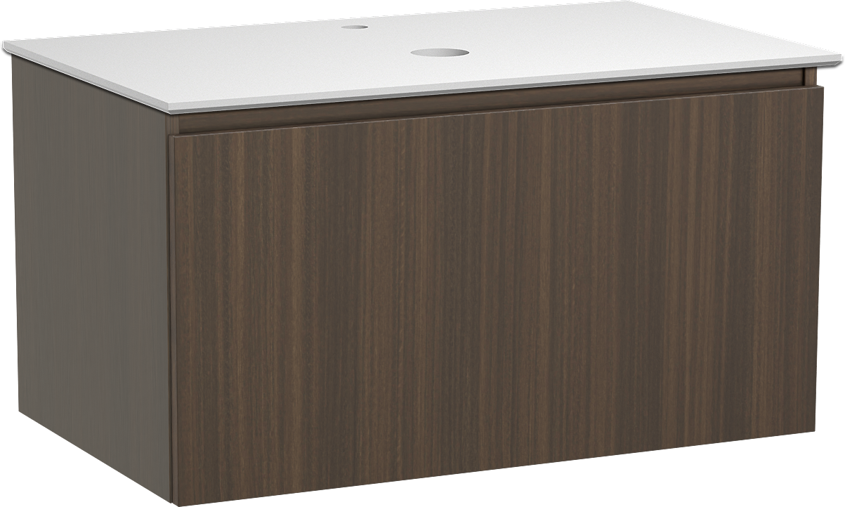 Balmani Sfera zwevend badmeubel 90 x 55 cm eucalyptus met Facetta enkel wastafelblad in solid surface mat wit