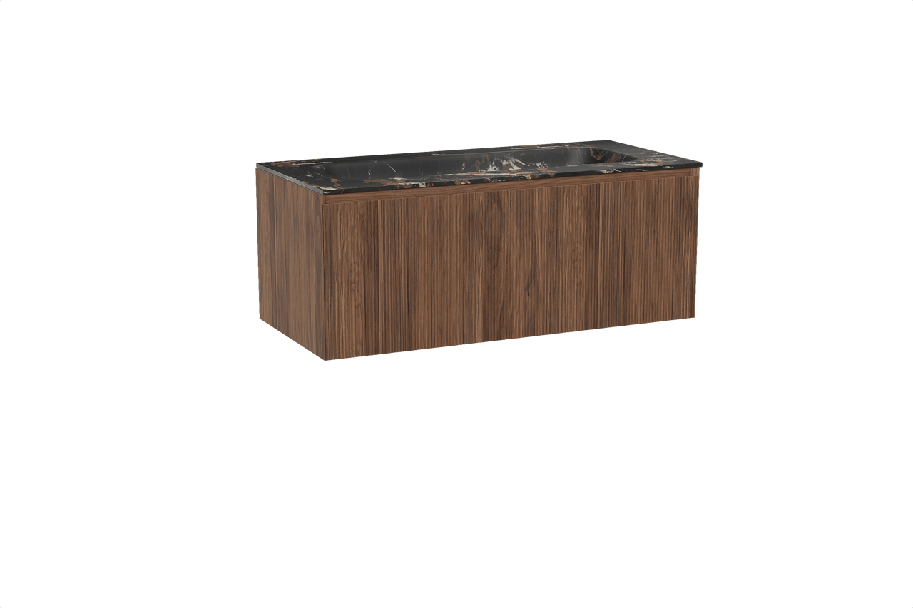 Balmani Fila meuble salle de bains suspendu 120 x 55 cm noyer avec Tablo Arcato lavabo simple pour 2 trous de robinet en marbre portoro gold, Nervure droite symétrique verticale