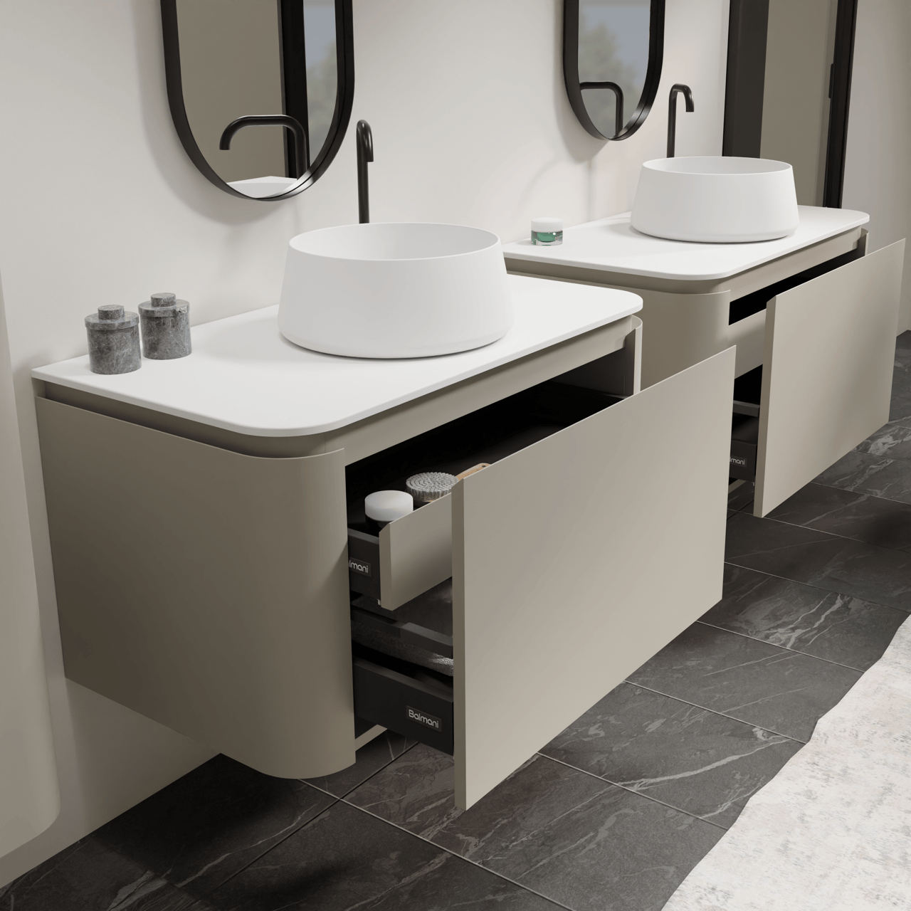 Balmani Moon meuble salle de bains suspendu 100 x 55 cm soie grise avec Moon tablette simple en solid surface blanc mat