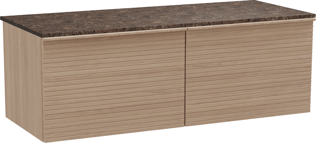 Balmani Forma hängendes Möbelstück Set: 135 x 55 cm, Naturbelassene Eiche, mit Stretto Einzel- oder Doppel Waschtischplatte, Marmor, Dark Emperador, Horizontale symmetrische gerade Rippe