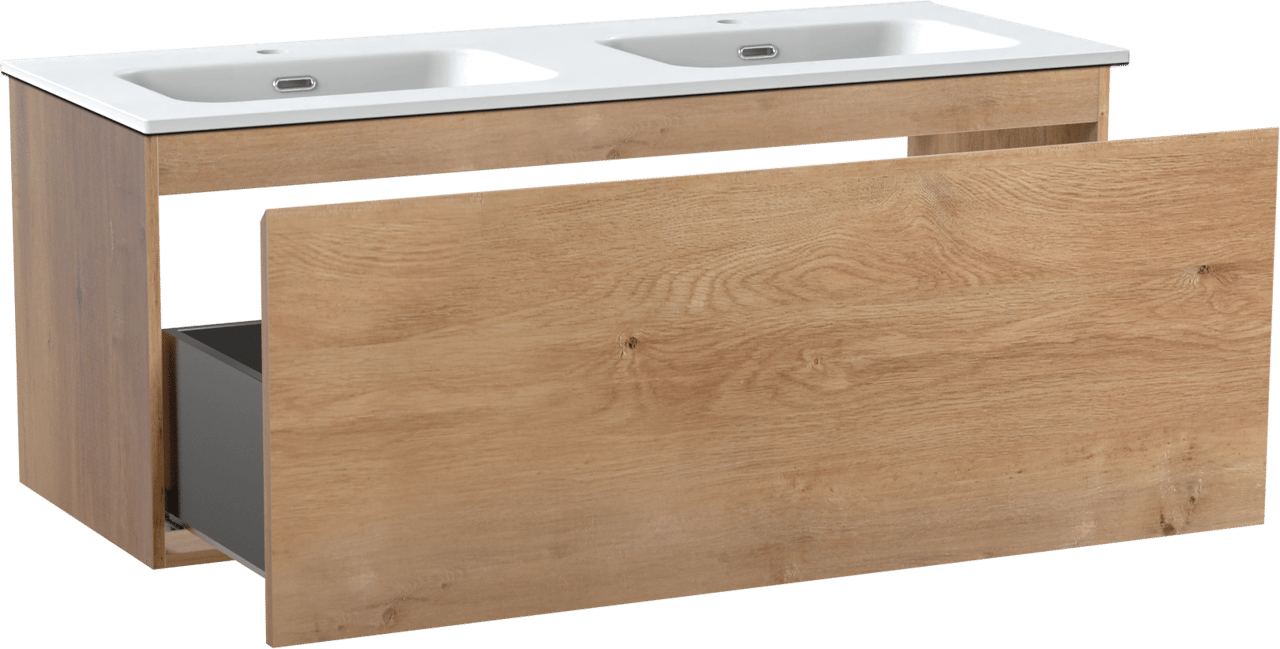 Linie Lado meuble salle de bains suspendu 120 x 46 cm chêne naturel avec Baro double vasque en porcelaine blanc mat