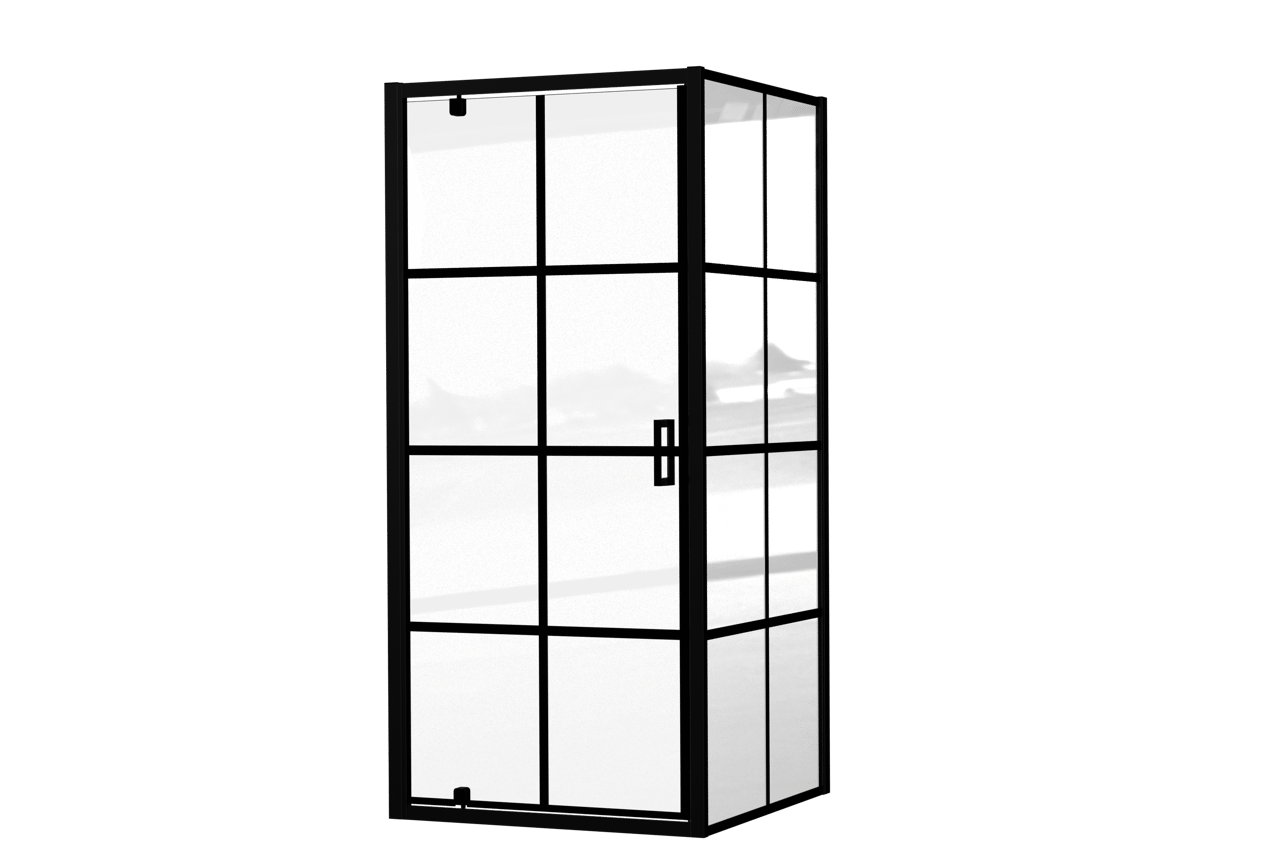 Luca Varess Vidor Eckdusche: Drehtür und fixierte, Seitenwand, 90 x 90 cm, Square Glas, mattschwarzes Profil