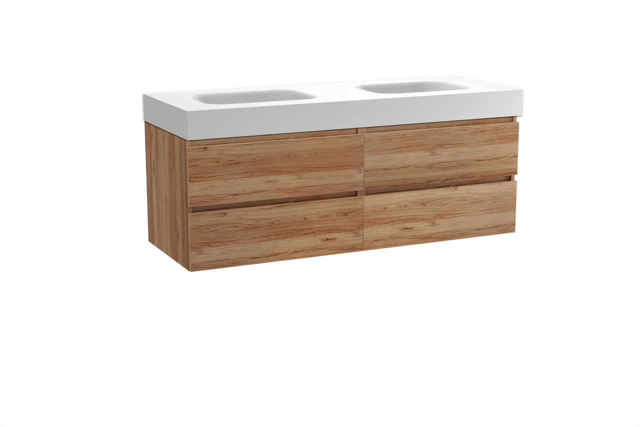 Balmani Lucida hängendes Möbelstück Set: 150 x 55 cm, Teak, mit Arcato Doppelwaschtisch, Solid Surface Weiß matt