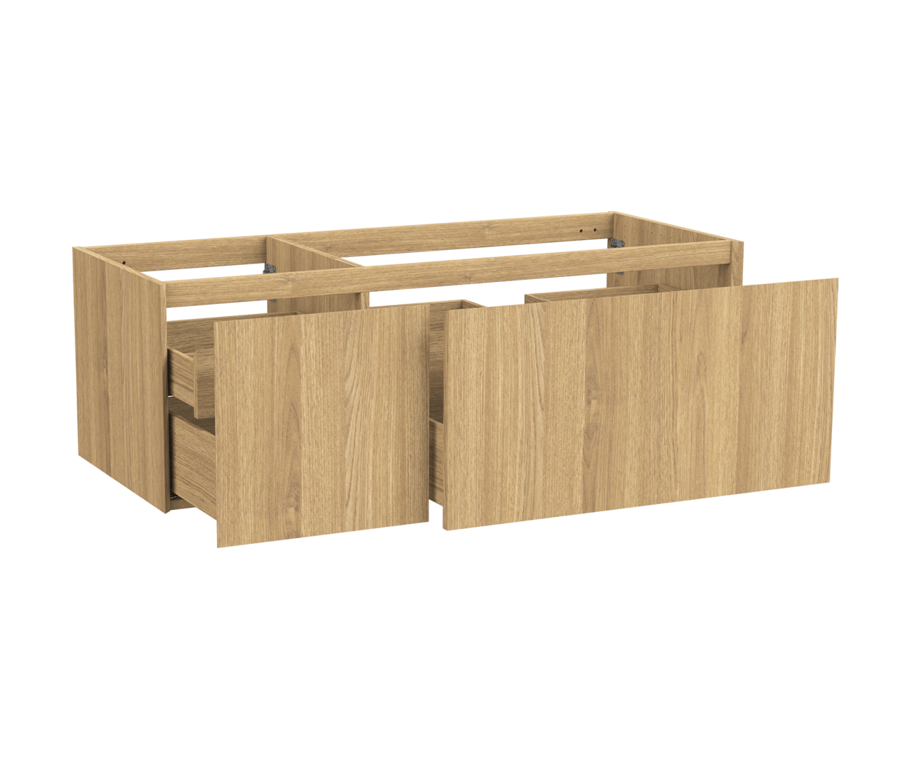 Balmani Idra hängender Waschbeckenunterschrank: 135 x 55 cm, asymmetrisch rechts, Eiche Natur, Furnierholz, 4 Schubladen