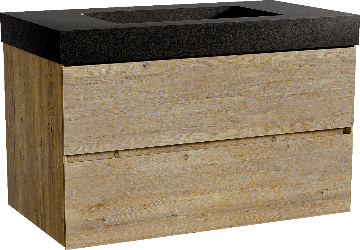 Storke Edge zwevend badmeubel 95 x 52 cm ruw eiken met Scuro High enkele wastafel in kwarts mat zwart