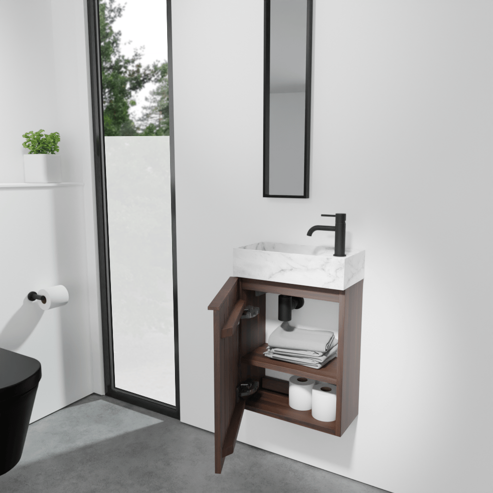 Balmani Forma meuble wc suspendu 42 x 21 cm noyer américain avec Dama lavabo en marbre Carrara