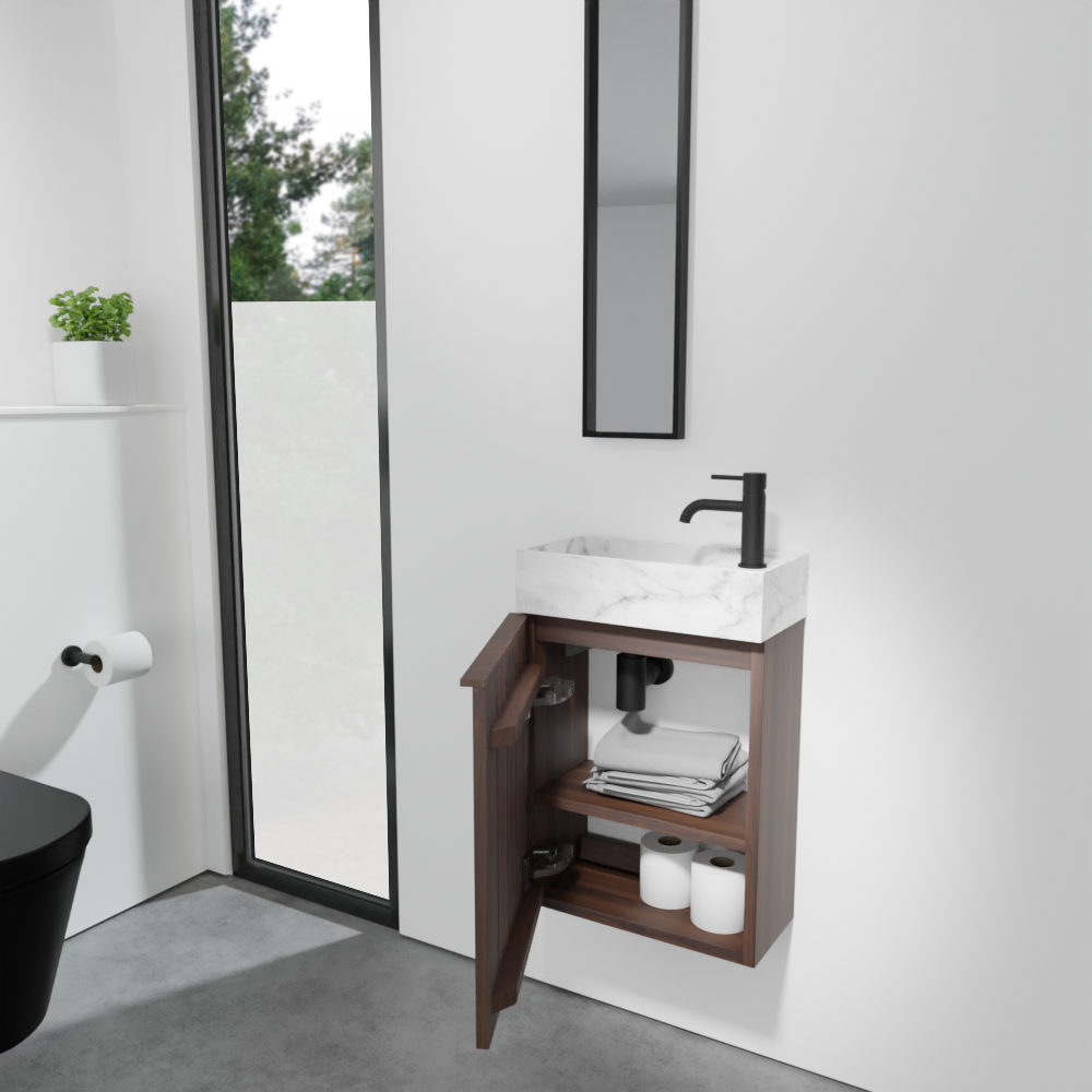 Balmani Forma meuble wc suspendu 42 x 21 cm noyer américain avec Dama plan vasque en marbre carrare