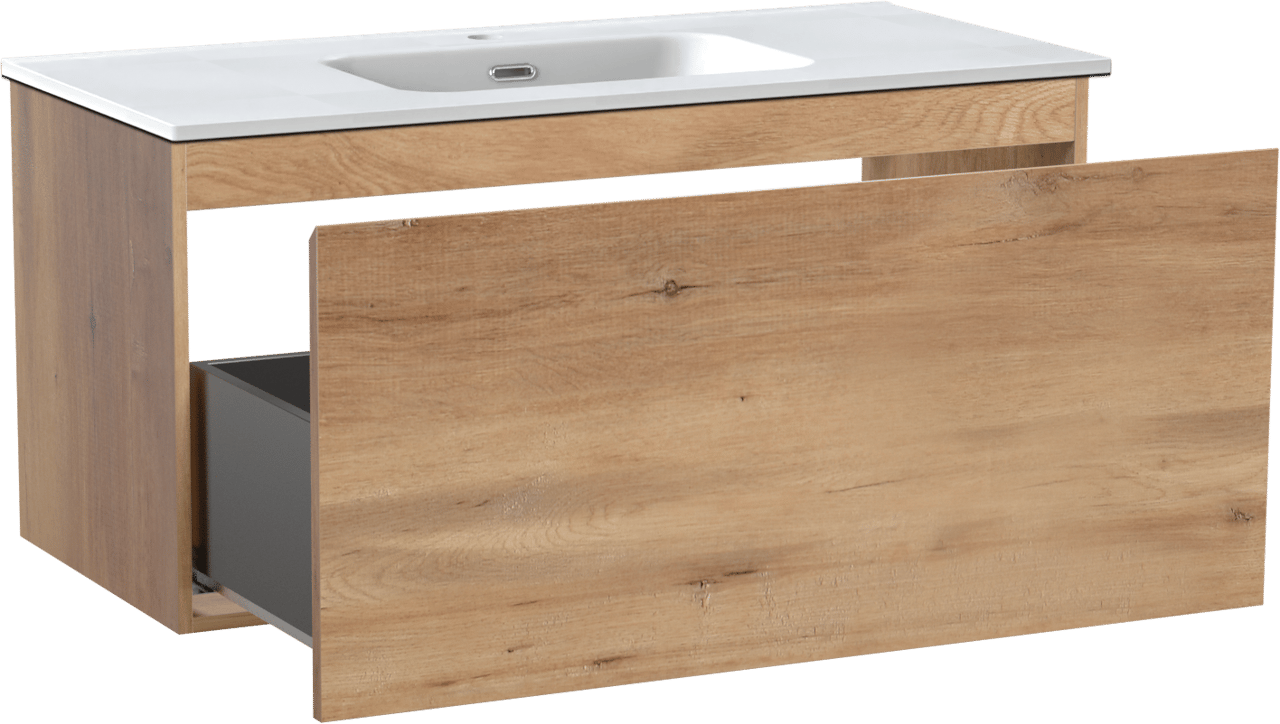 Linie Lado hängendes Möbelstück Set: 100 x 46 cm, Naturbelassene Eiche, mit Baro Einzelwaschtisch, Porzellan Weiß matt
