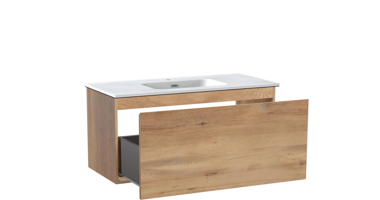 Linie Lado meuble salle de bains suspendu 100 x 46 cm chêne naturel avec Baro plan simple en porcelaine blanc mat