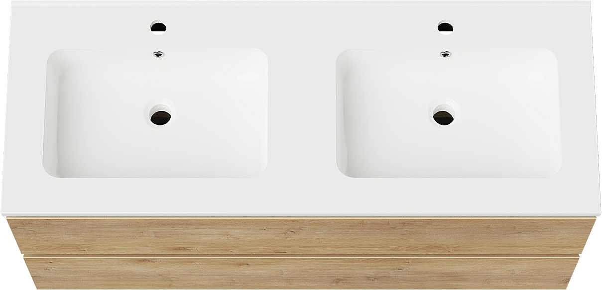 Linie Lado hängendes Möbelstück Set: 120 x 46 cm, Naturbelassene Eiche, mit Vano Doppelwaschtisch, Marmorkomposit Weiß glänzend