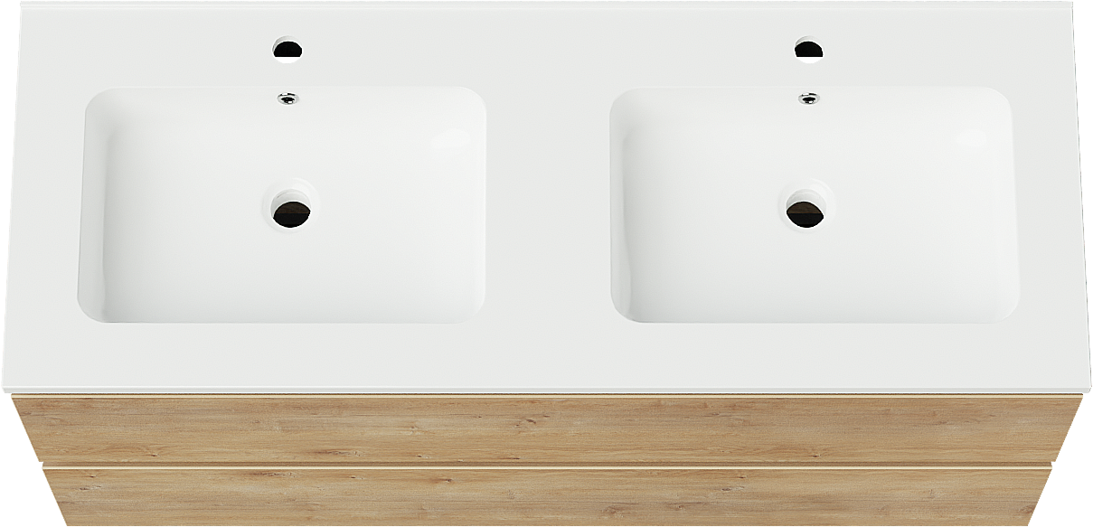 Linie Lado zwevend badkamermeubel 120 x 46 cm natuur eik met Vano dubbele wastafel in composietmarmer glanzend wit