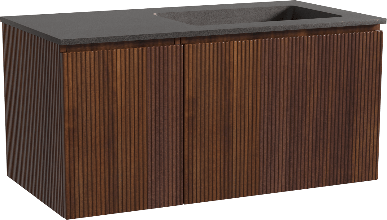 Storke Ribs zwevend badmeubel 100 x 52 cm notenhout met Scuro asymmetrisch rechtse wastafel in kwarts mat zwart, Verticale symmetrische rechte ribbel