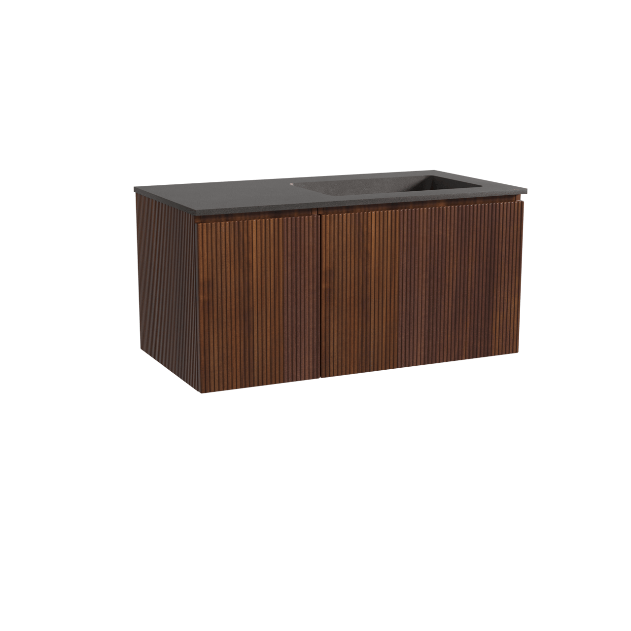 Storke Ribs meuble salle de bains suspendu 100 x 52 cm noyer avec Scuro vasque asymétrique droite en quartz noir mat, Nervure droite symétrique verticale