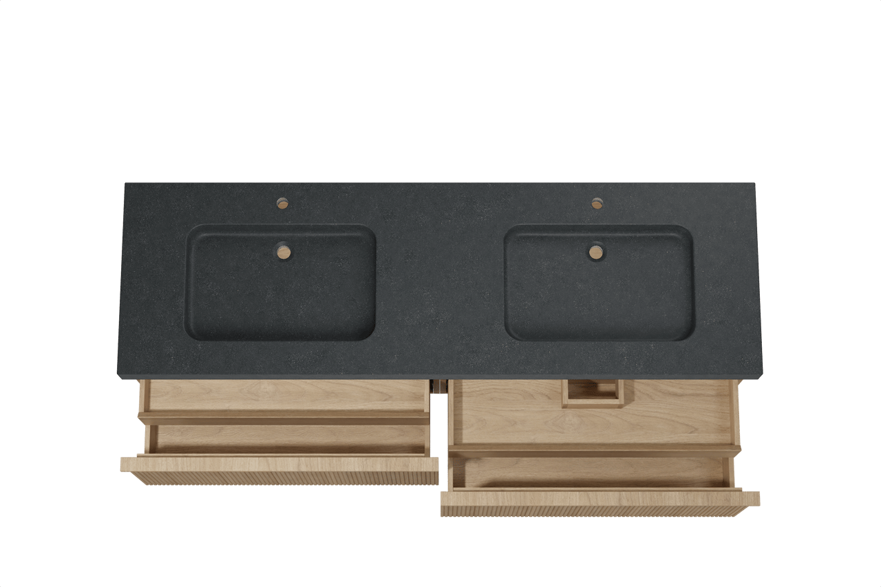 Balmani Forma zwevend badkamermeubel 180 x 55 cm natuur eik met Napoli dubbele wastafel in graniet zwart, Verticale symmetrische rechte ribbel