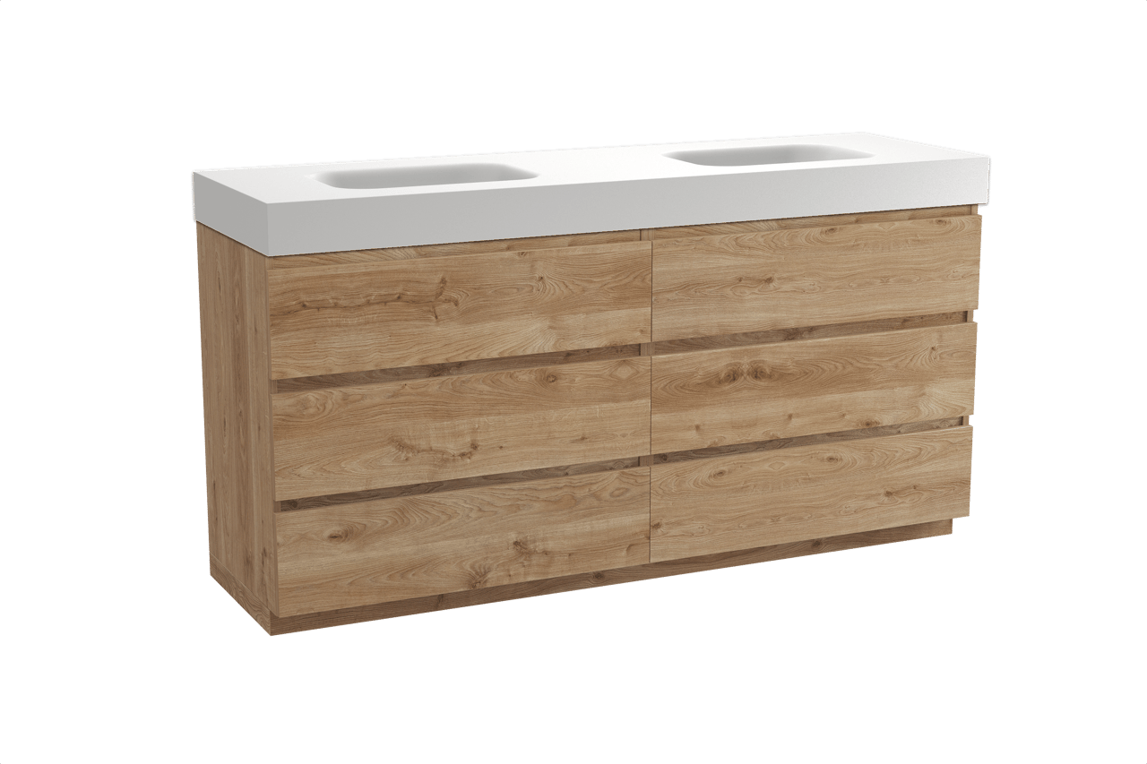 Balmani Lucida freistehendes Möbelstück Set: 180 x 55 cm, Rohe Eiche, mit Arcato Doppelwaschtisch, Solid Surface Weiß matt