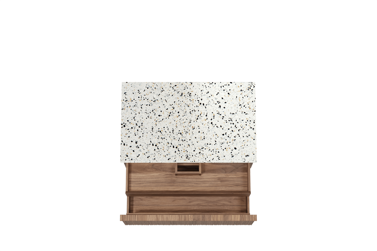 Balmani Forma meuble salle de bains suspendu 90 x 55 cm noyer américain avec Stretto tablette simple en blanc/noir mat terrazzo, Nervure circulaire asymétrique verticale