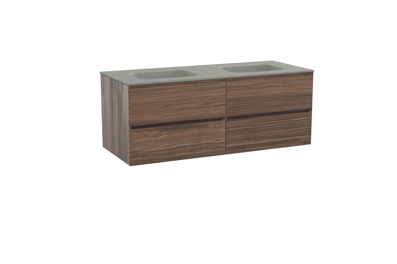 Balmani Mitra zwevend badkamermeubel 135 x 55 cm notelaar met Tablo Arcato dubbele wastafel in solid surface steengrijs