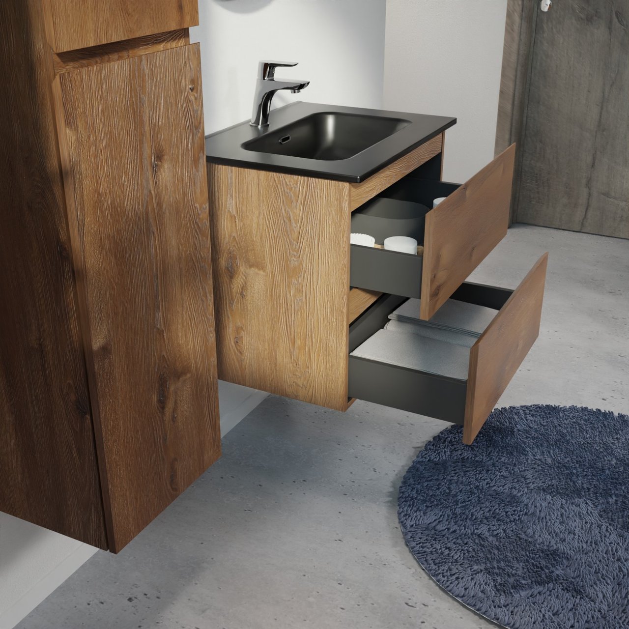 Linie Lado zwevend badkamermeubel 60 x 46 cm bruine eik met Baro enkele wastafel in porselein mat zwart