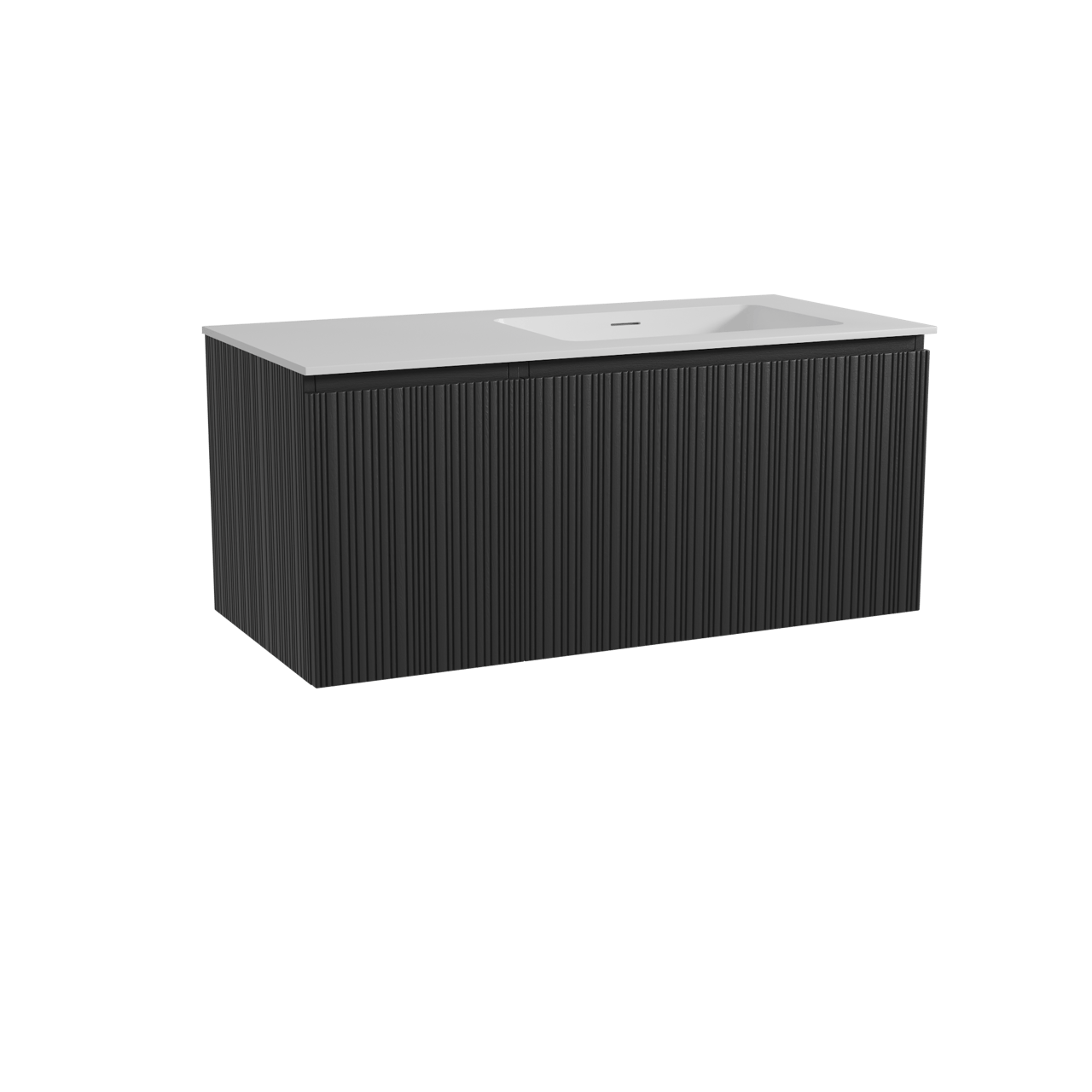 Storke Ribs hängendes Möbelstück Set: 110 x 52 cm, Schwarze Eiche, mit Mata Waschtisch rechts, Solid Surface, Weiß matt, Vertikale asymmetrische gerade Rippe