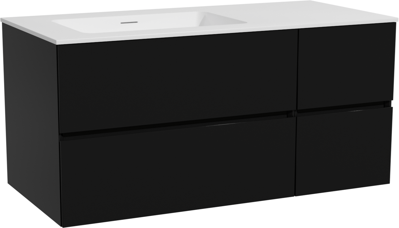 Storke Edge hängendes Möbelstück Set: 110 x 52 cm, Schwarz matt, mit Mata Waschtisch links, Solid Surface Weiß matt