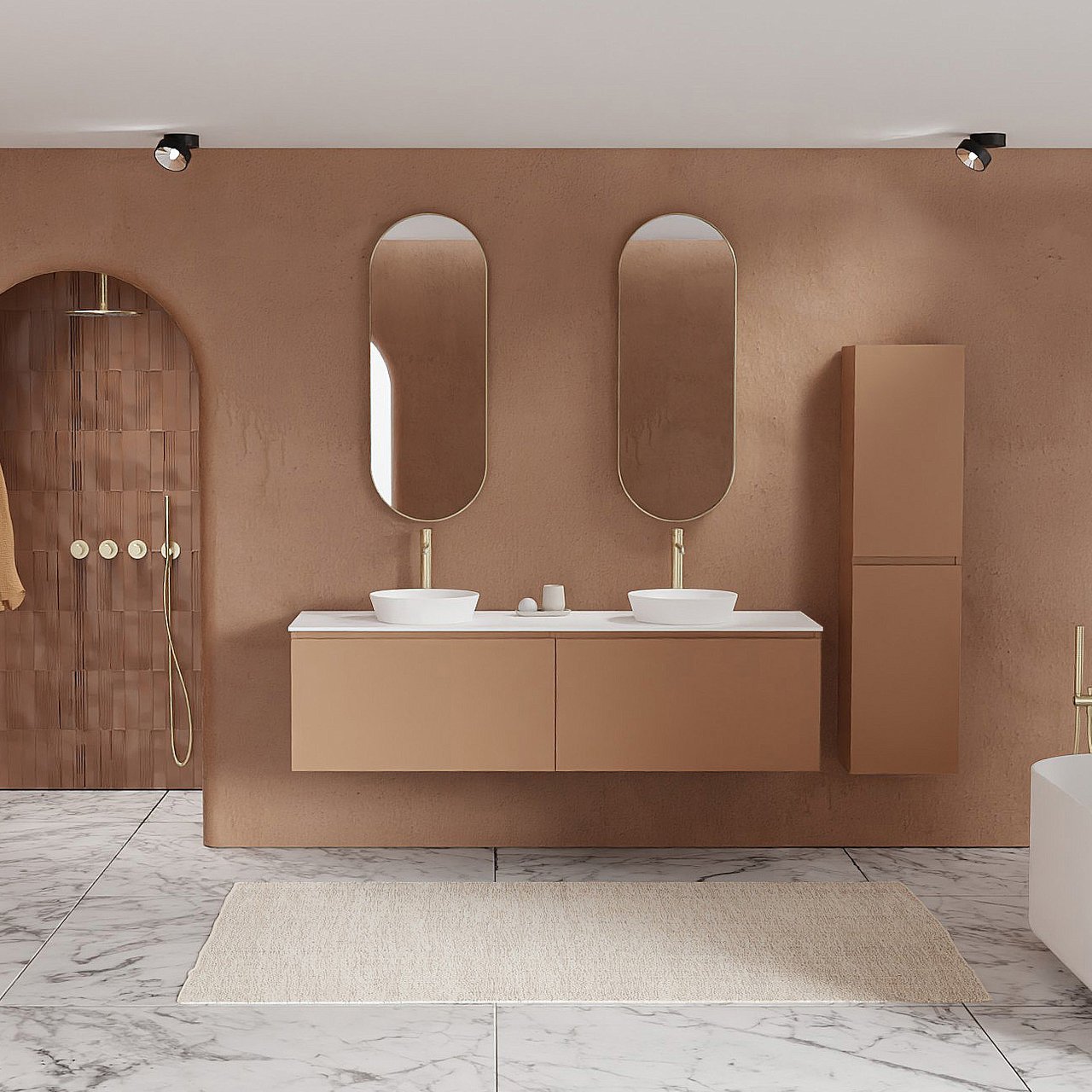 Balmani Sfera meuble salle de bains suspendu 180 x 55 cm cotto avec Stretto tablette simple ou double en solid surface blanc mat