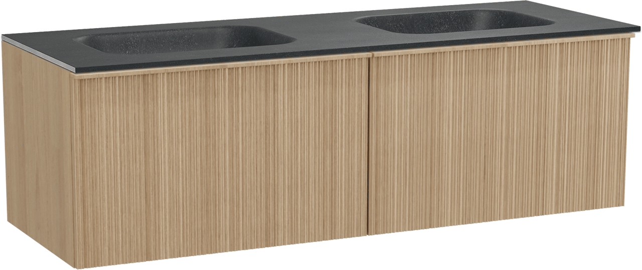 Balmani Forma zwevend badmeubel 150 x 55 cm naturel eiken met Tablo Arcato dubbele wastafel in zwart graniet, Verticale asymmetrische ronde ribbel
