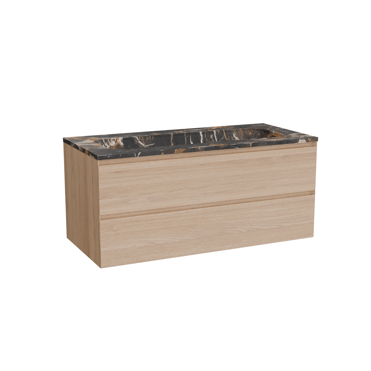 Balmani Mitra hängendes Möbelstück Set: 120 x 55 cm, Naturbelassene Eiche, mit Tablo Arcato Einzelwaschtisch für 2 Armaturenlöcher, Marmor Portoro Gold