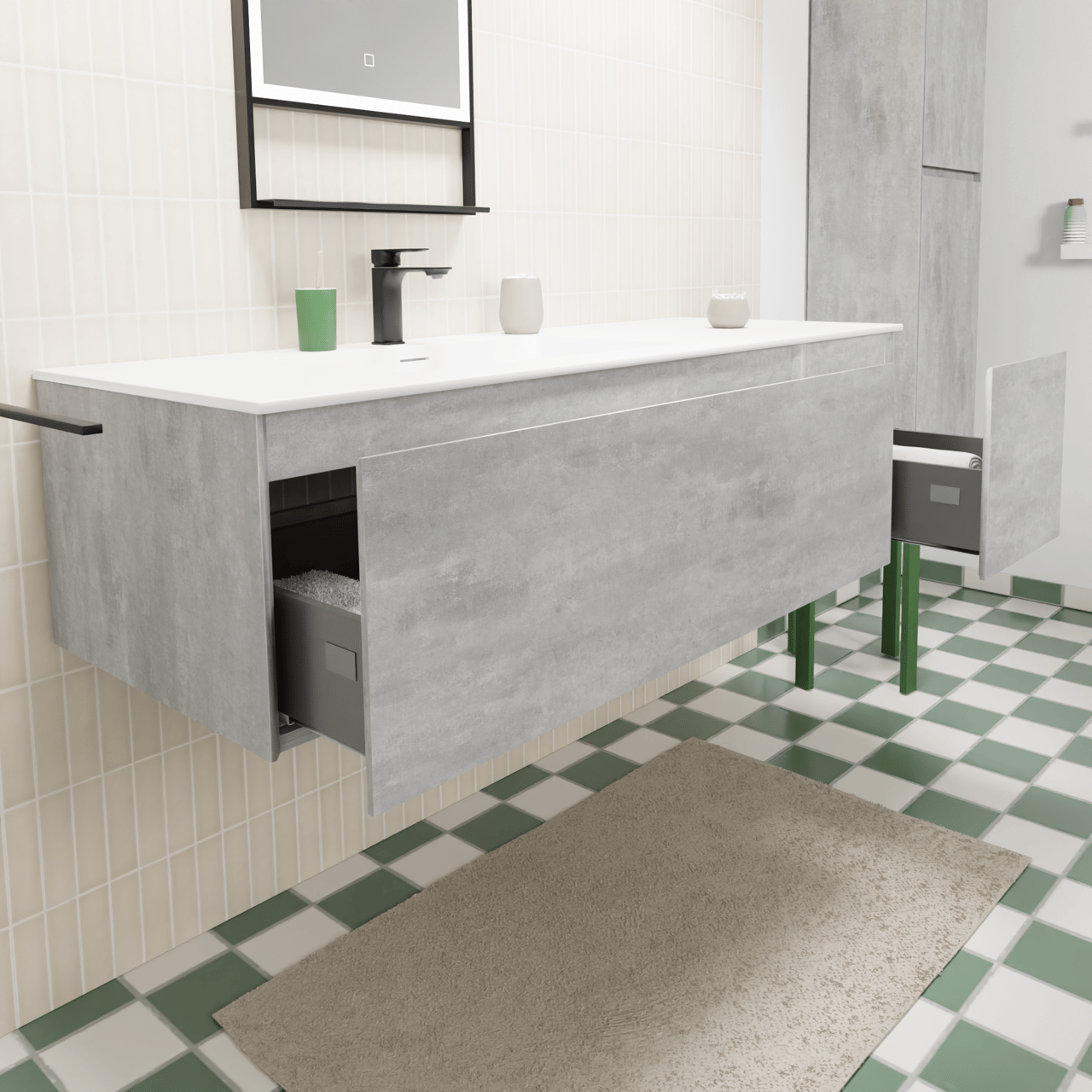 Storke Edge meuble salle de bains suspendu 140 x 52 cm béton gris foncé avec Mata plan vasque asymétrique à gauche en solid surface blanc mat