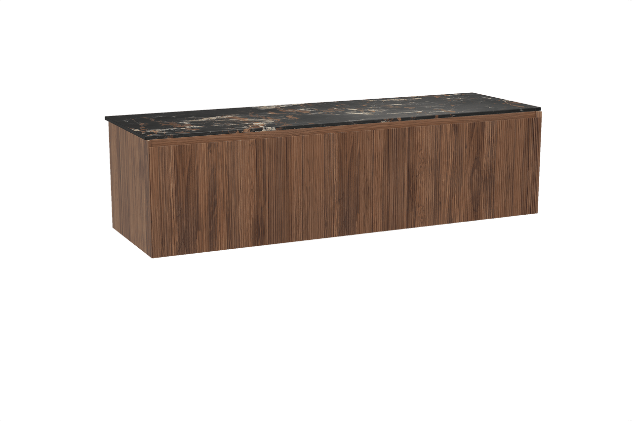 Balmani Fila hängendes Möbelstück Set: 180 x 55 cm, Nussbaum, mit Stretto Einzel- oder Doppel Waschtischplatte, Marmor, Portoro Gold, Vertikale symmetrische gerade Rippe