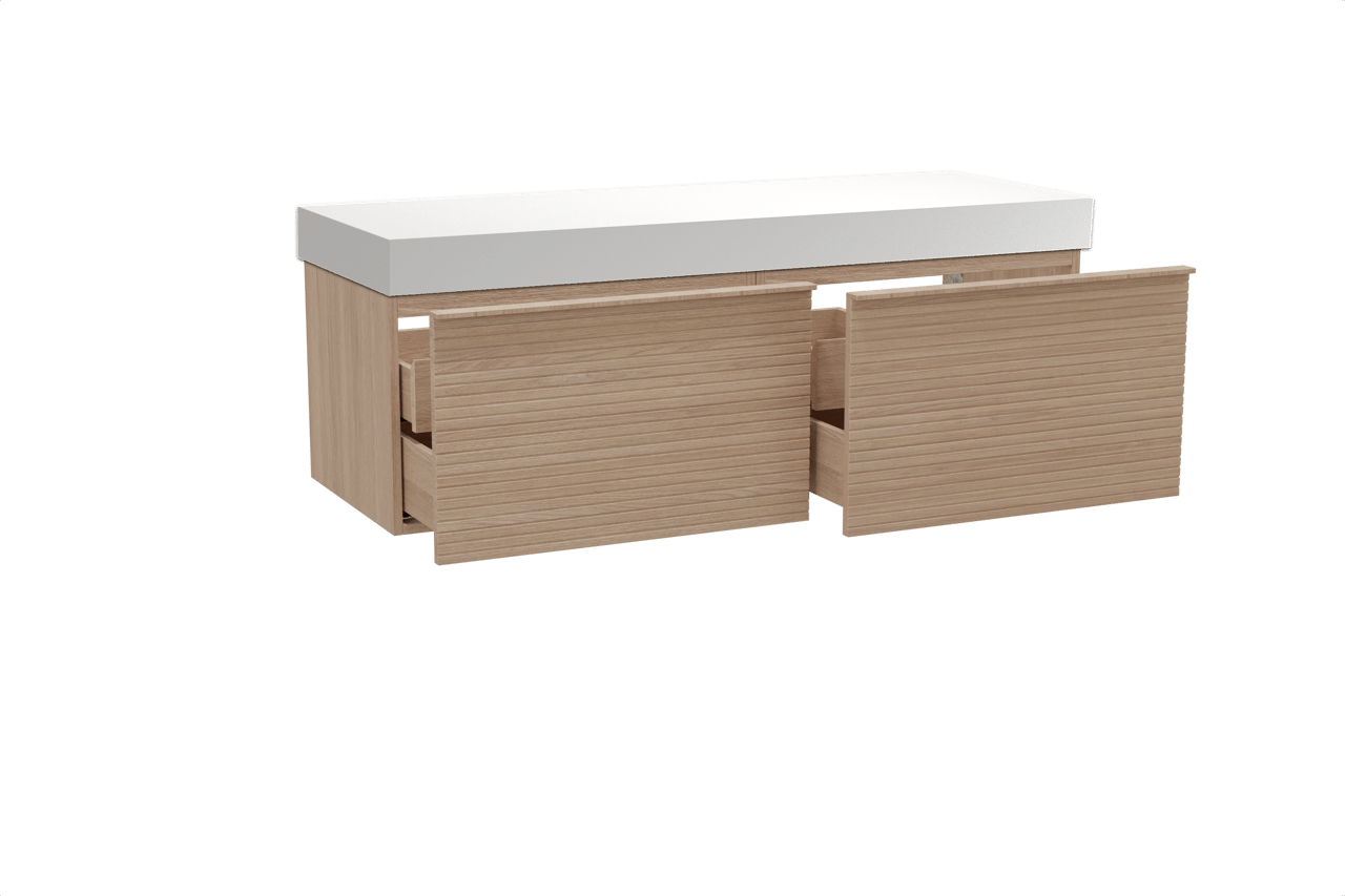 Balmani Forma zwevend badkamermeubel 150 x 55 cm natuur eik met Dominus enkel of dubbel tablet in solid surface mat wit, Horizontale symmetrische rechte ribbel