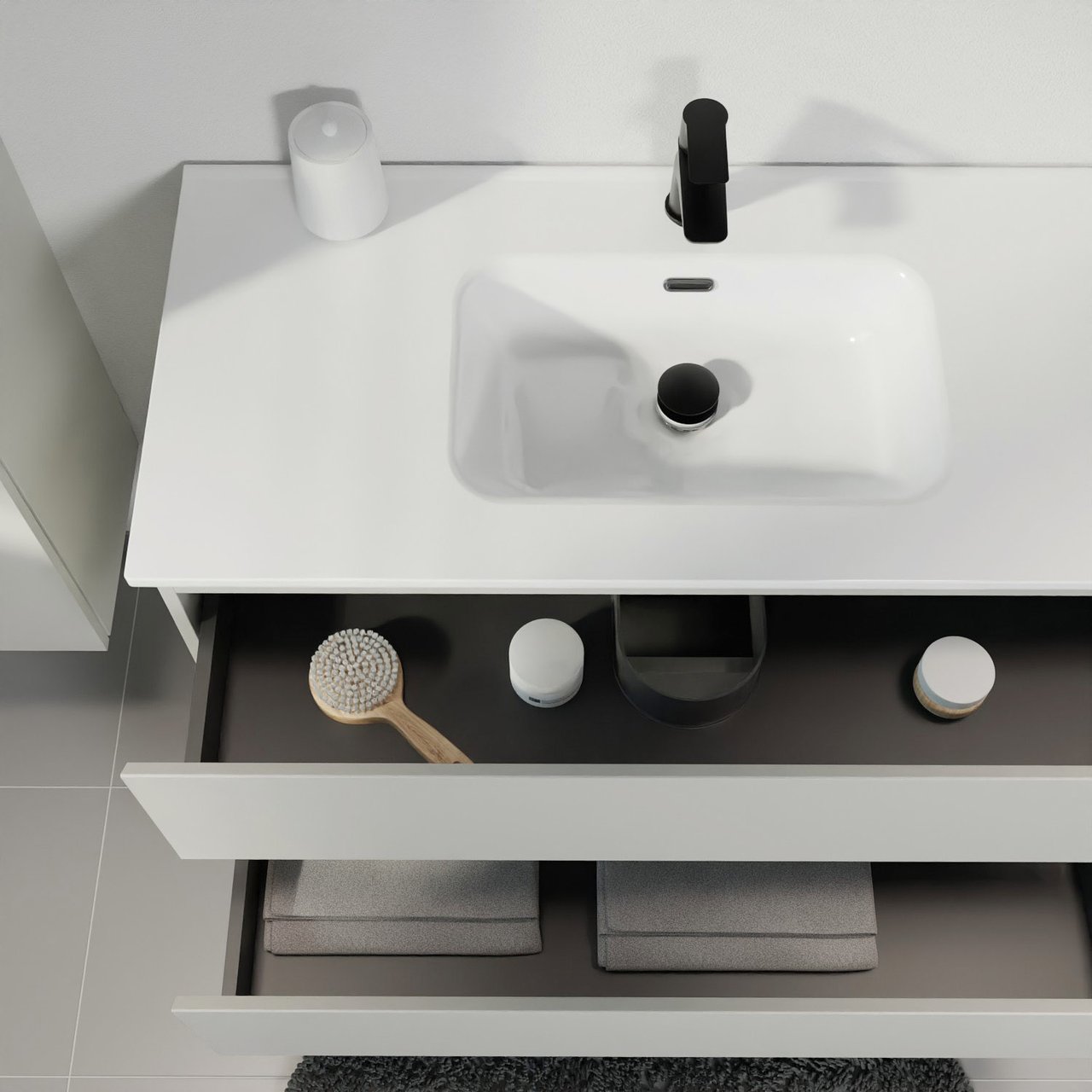 Linie Lado meuble salle de bains suspendu 120 x 46 cm greige avec Baro double vasque en porcelaine blanc brillant